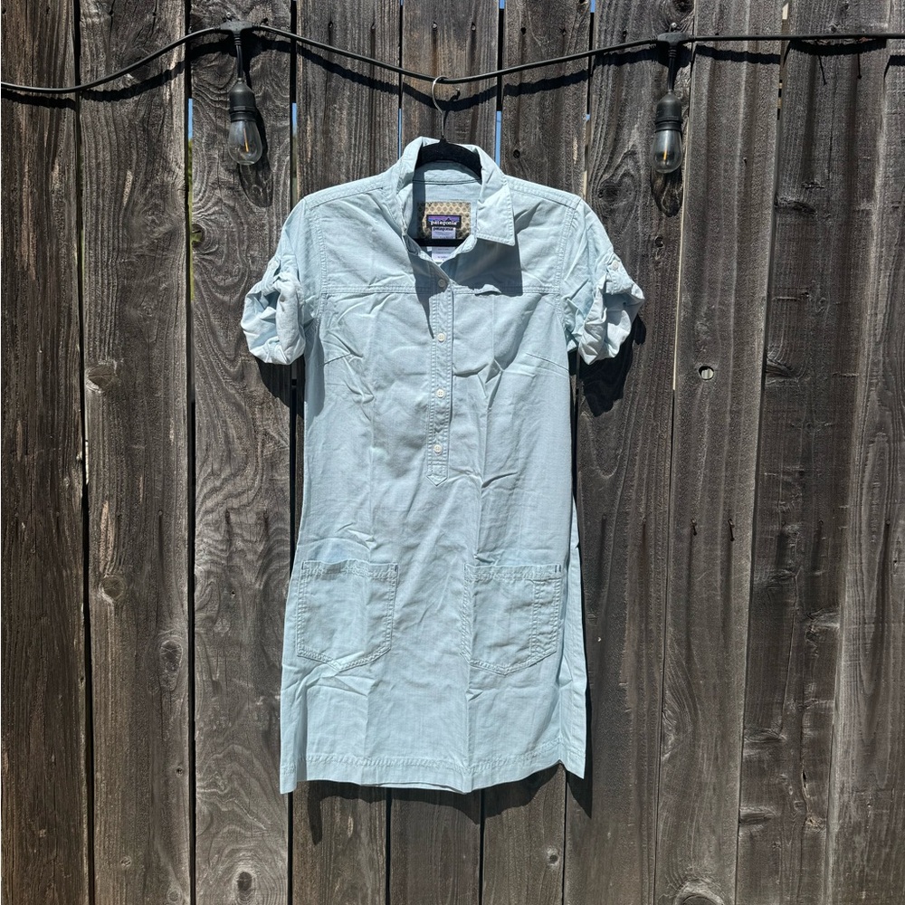 Patagonia Light Blue Chesser Island Short Sleeve Chambray Shirt Dress, tie waist